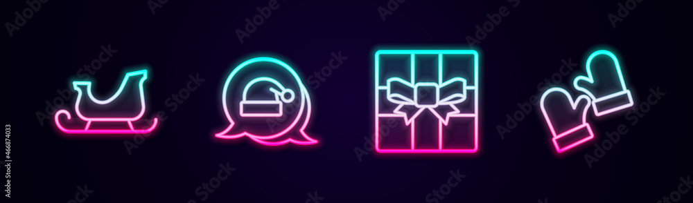 Set line Christmas santa claus sleigh, Santa Claus hat, Gift box and mittens. Glowing neon icon. Vector Set line Christmas santa claus sleigh, Santa Claus hat, Gift box and mittens. Glowing neon icon. Vector