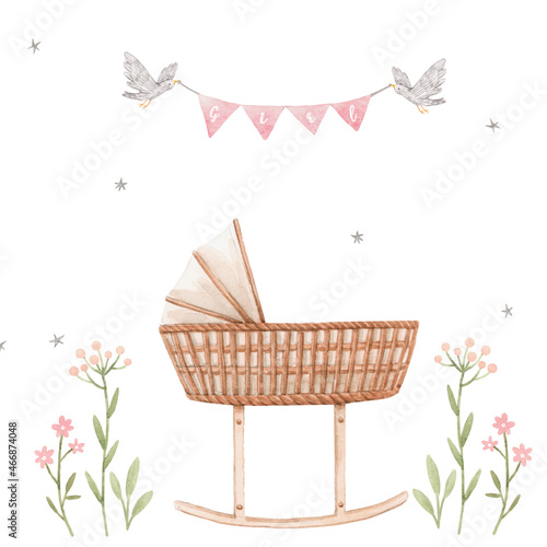 Beautiful composition with hand drawn watercolor baby cradle crib birds and flowers. Stock clip art illustration for girl.