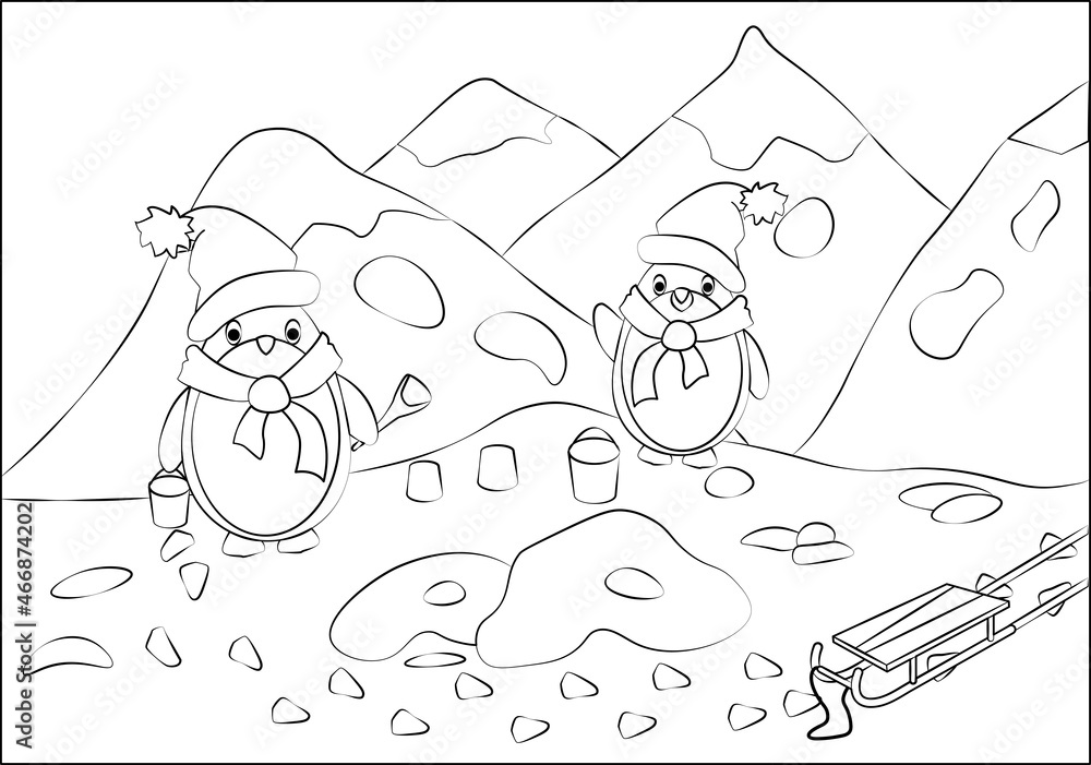 Obraz premium Coloring book for children. A penguin in a hat and scarf is playing in the snow. Mountains, sleds, snow. Assignment for children can be used in a book, magazine