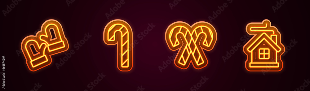 Set line Christmas mittens, Candy cane with stripes, and Merry house. Glowing neon icon. Vector Set line Christmas mittens, Candy cane with stripes, and Merry house. Glowing neon icon. Vector