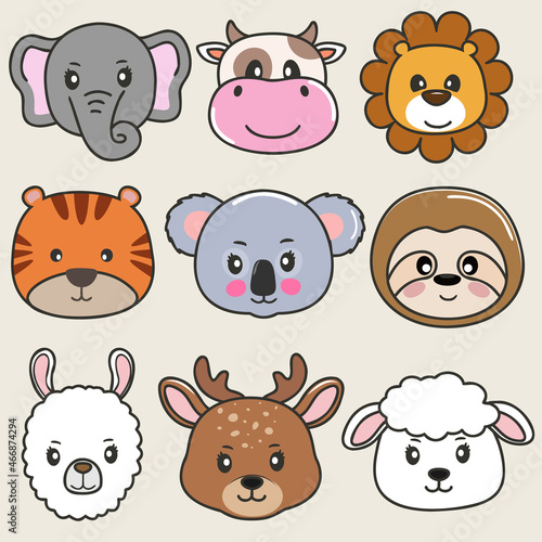 Big set cute cartoon baby animals faces.