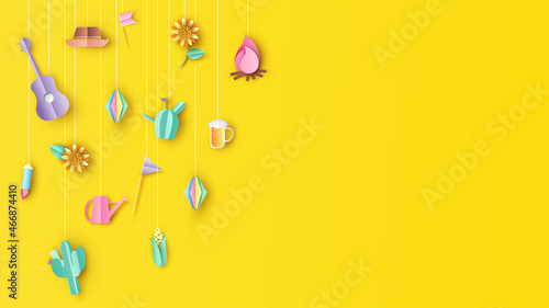 Festa Junina festival with elements hanging. Festa junina banner background. paper cut and craft style. vector,illustration.