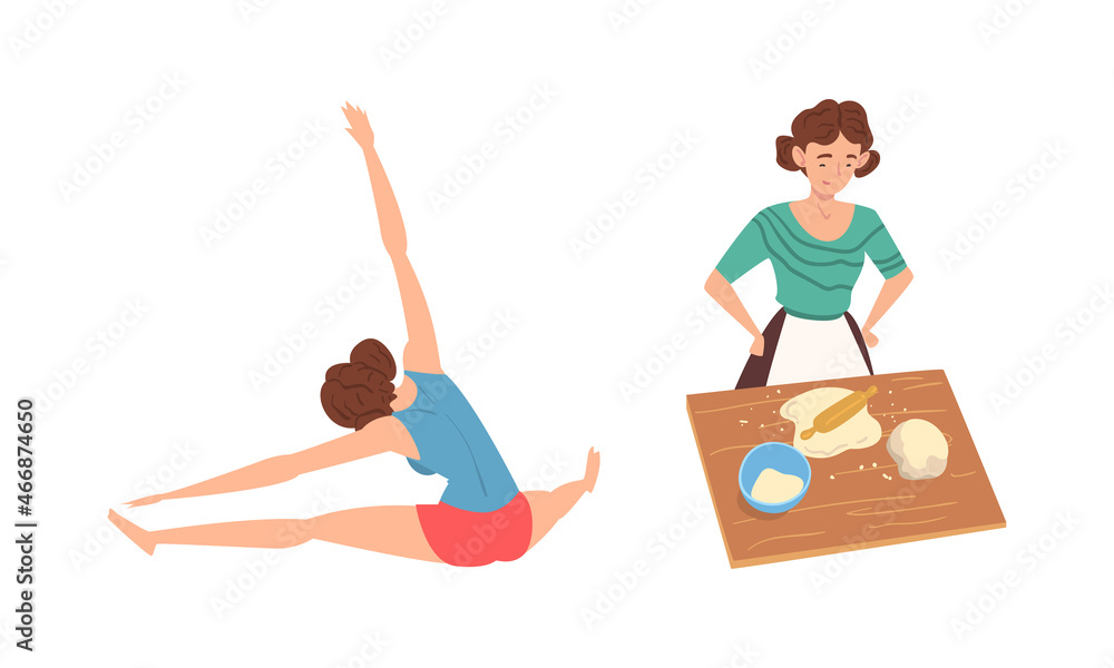 Young Woman Stretching Body Doing Workout and Baking Pastry Vector Set