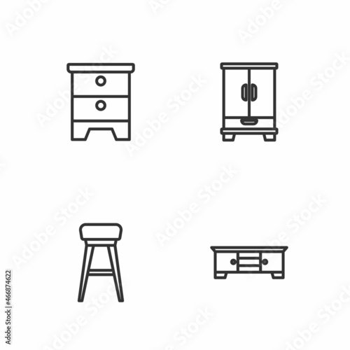 Set line TV table stand, Chair, Furniture nightstand and Wardrobe icon. Vector