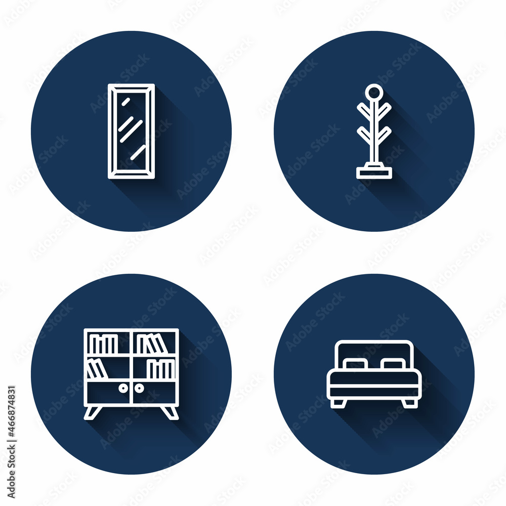 Set line Big full length mirror, Coat stand, Library bookshelf and bed with long shadow. Blue circle button. Vector Set line Big full length mirror, Coat stand, Library bookshelf and bed with long shadow. Blue circle button. Vector