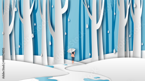A girl with umbrella walking on footpath winding through rainforest. Rainy season landscape. paper cut and craft style. vector, illustration.