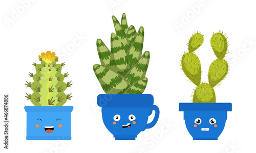 Cute Succulent Cactus or Cacti Plant Growing in Smiling Flowerpot Character Vector Set