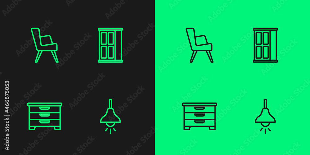 Set line Lamp hanging, Chest of drawers, Armchair and Wardrobe icon. Vector Set line Lamp hanging, Chest of drawers, Armchair and Wardrobe icon. Vector