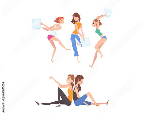 Female Friend Spending Time Together Pillow Fighting and Gossiping Vector Illustration Set