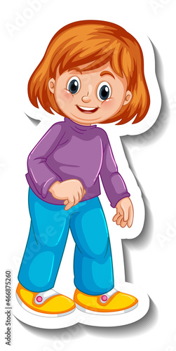 Sticker template with a girl cartoon character isolated