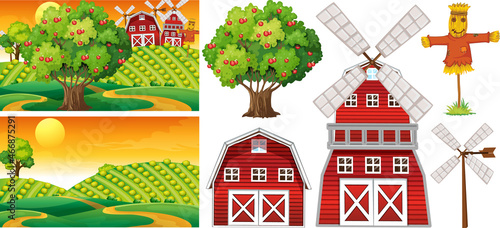 Farm element set isolated with farm scence