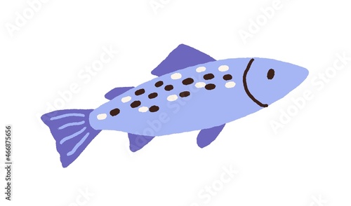 Raw fish with spots. Whole salmon, sea food. Fresh trout, seafood drawn in doodle style. Colored flat vector illustration isolated on white background