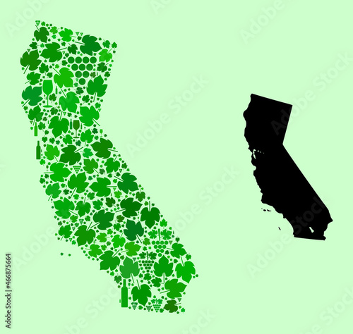 Vector Map of California. Mosaic of green grapes, wine bottles. Map of California mosaic designed from bottles, grapes, green leaves. Abstract mosaic useful for alcohol shops proclamations.