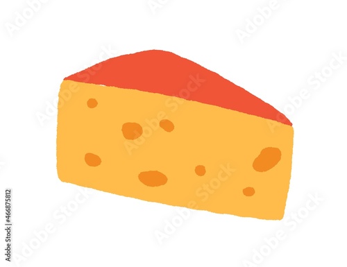 Cheese piece with holes. Swiss snack, dairy product. Triangle part of porous Holland Edam chees. Colored flat vector illustration of maasdam isolated on white background