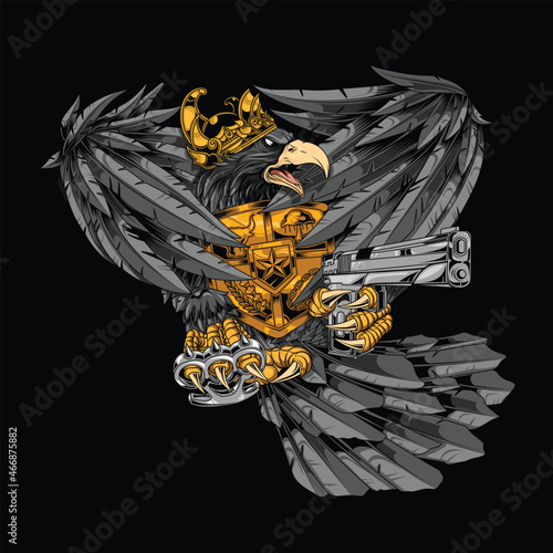 illustration of eagle with gun and brass knuckle in vintage style
