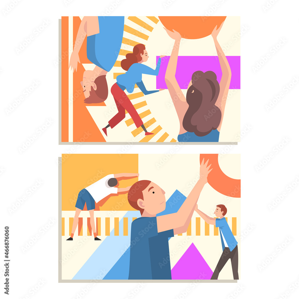 People Characters Assembling and Organizing Colorful Abstract Geometric Shapes Vector Set