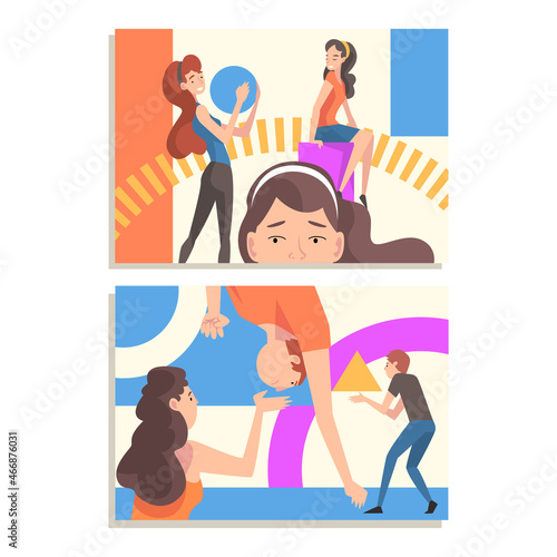 People Characters Assembling and Organizing Colorful Abstract Geometric Shapes Vector Set