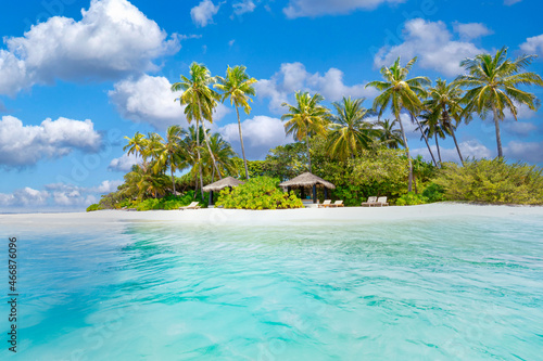 Beautiful palm trees on tropical island beach  blue sky with white clouds and turquoise ocean lagoon on sunny day. Amazing natural landscape for summer vacation  traveling destination. Exotic scenic