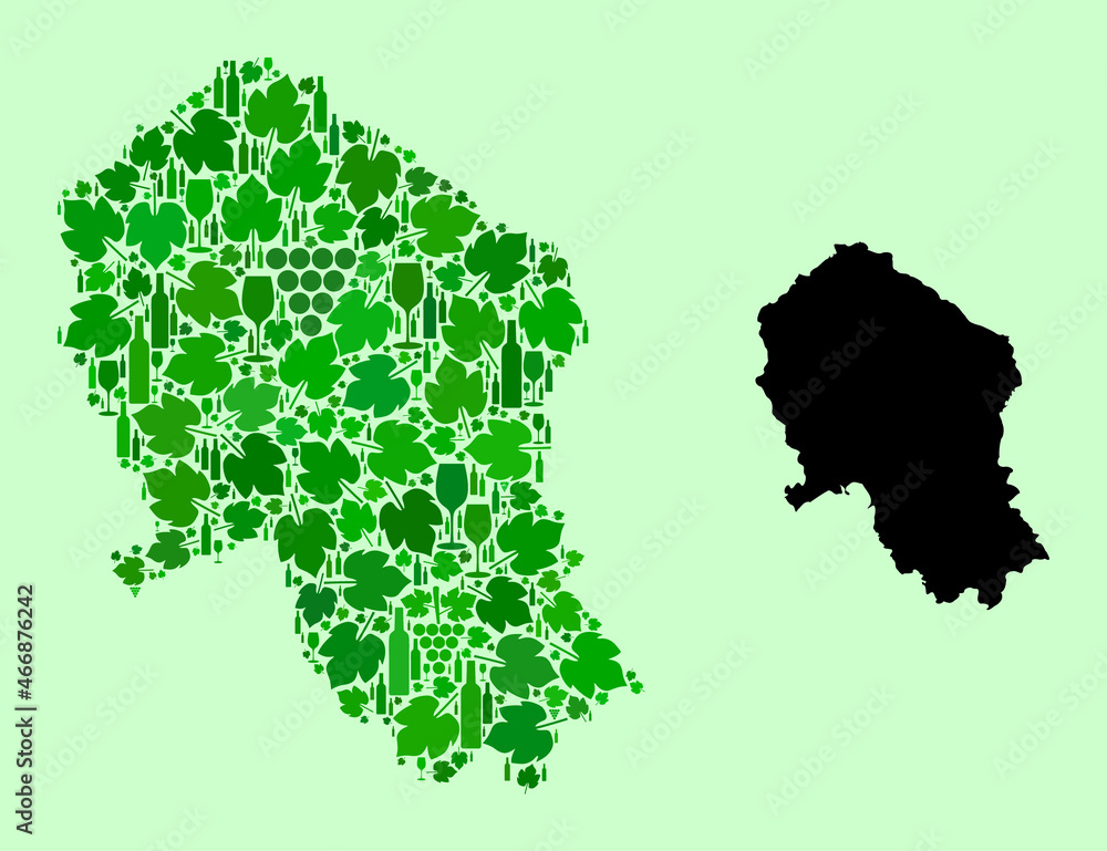 Vector Map of Cordoba Spanish Province. Mosaic of green grape leaves, wine bottles. Map of Cordoba Spanish Province collage designed with bottles, berries, green leaves. Vector Map of Cordoba Spanish Province. Mosaic of green grape leaves, wine bottles. Map of Cordoba Spanish Province collage designed with bottles, berries, green leaves.