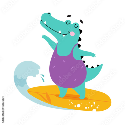 Cute African Crocodile Animal in Swimsuit Surfboarding Enjoying Hot Summer Activity Vector Illustration