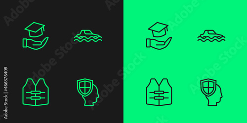Set line Life insurance with shield, jacket, Education grant and Flood car icon. Vector