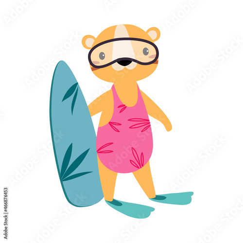 Cute African Tiger Animal in Swimsuit and Flippers Standing with Surfboard Enjoying Hot Summer Activity Vector Illustration © topvectors
