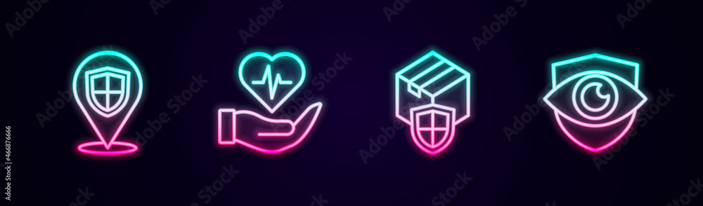 Set line Location shield, Life insurance in hand, Delivery security with and Shield eye. Glowing neon icon. Vector Set line Location shield, Life insurance in hand, Delivery security with and Shield eye. Glowing neon icon. Vector