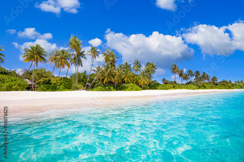 Fototapeta Naklejka Na Ścianę i Meble -  Beautiful palm trees on tropical island beach, blue sky with white clouds and turquoise ocean lagoon on sunny day. Amazing natural landscape for summer vacation, traveling destination. Exotic scenic