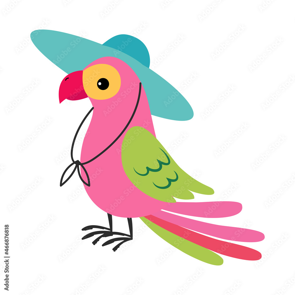 Fototapeta premium Cute African Parrot Animal in Straw Hat Enjoying Hot Summer Activity Vector Illustration