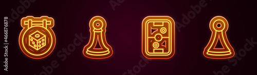 Set line Game dice, Chess pawn, Air hockey table and Chip for board game. Glowing neon icon. Vector