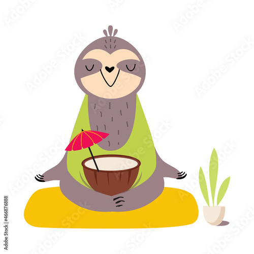 Cute African Sloth Animal with Coconut Cocktail and Straw Enjoying Hot Summer Activity Vector Illustration
