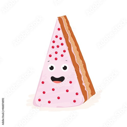 Cute piece of birthday cake with happy funny face. Sweet dessert character wi...