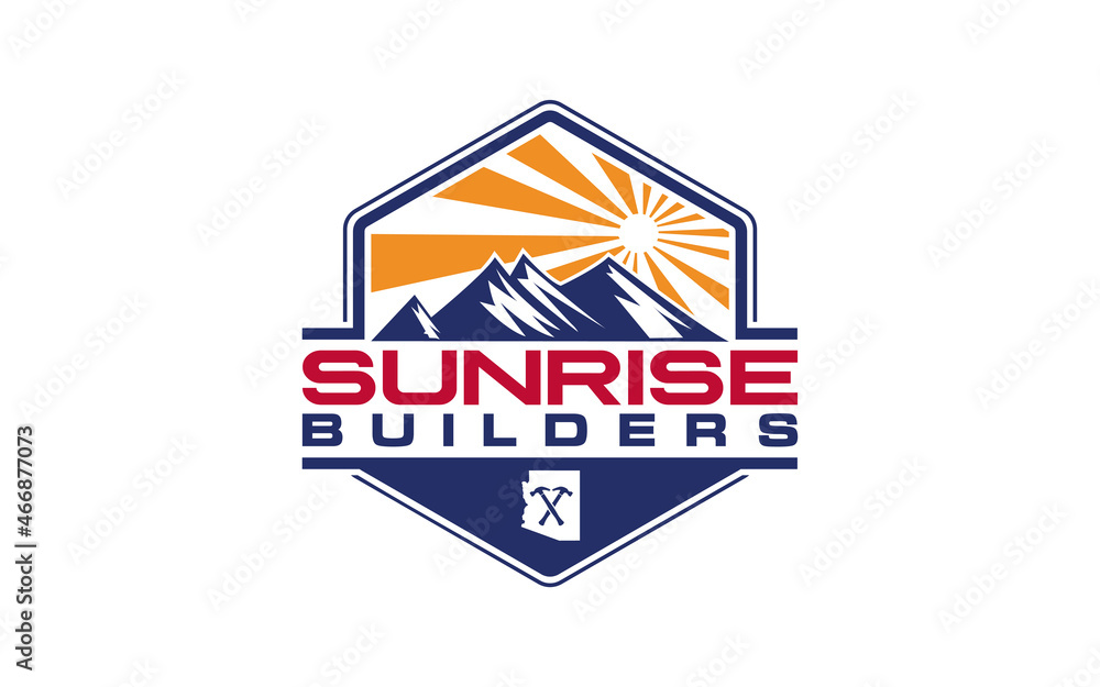 Naklejka premium Sunrise with Mountain logo design vector illustration, outdoor adventure.