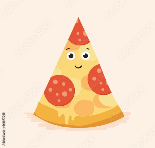 Cute pizza slice with funny face, eyes and mouth. Triangle piece of Italian fast food character with melting cheese and pepperoni. Colored flat cartoon vector illustration of fastfood with salami