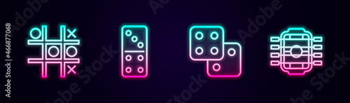 Set line Tic tac toe game, Domino, Game dice and Table football. Glowing neon icon. Vector
