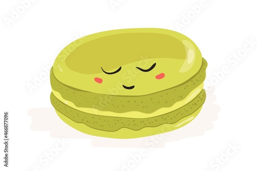 Sweet cute macaroon with funny face sleeping. French macaron dessert. Almond pastry with cream filling. Sugar food with pistachio flavor. Flat cartoon vector illustration isolated on white background