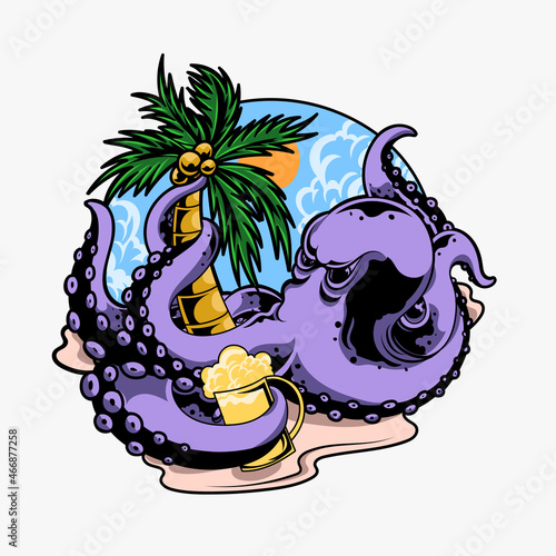 illustration of an octopus with a summer vacation theme on the background of a beach and coconut trees