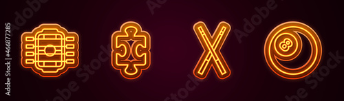 Set line Table football, Puzzle pieces toy, Crossed billiard cues and Billiard pool snooker. Glowing neon icon. Vector