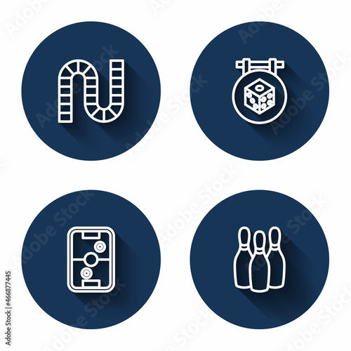 Set line Board game, Game dice, Air hockey table and Bowling pin with long shadow. Blue circle button. Vector