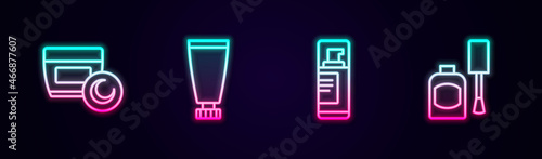 Set line Cream or lotion cosmetic tube, Shaving gel foam and Bottle of nail polish. Glowing neon icon. Vector