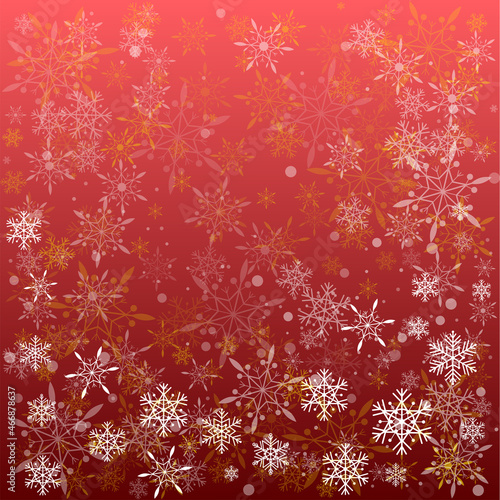 Christmas red background with white, gold snowflakes of different shapes and sizes
