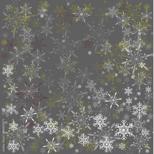 Christmas grey background with white, gold snowflakes of different shapes and sizes