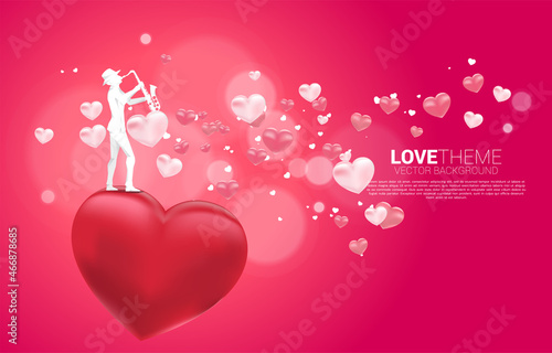 Vector silhouette of saxophonist standing with heart balloon flying . Concept background for love song and concert theme.