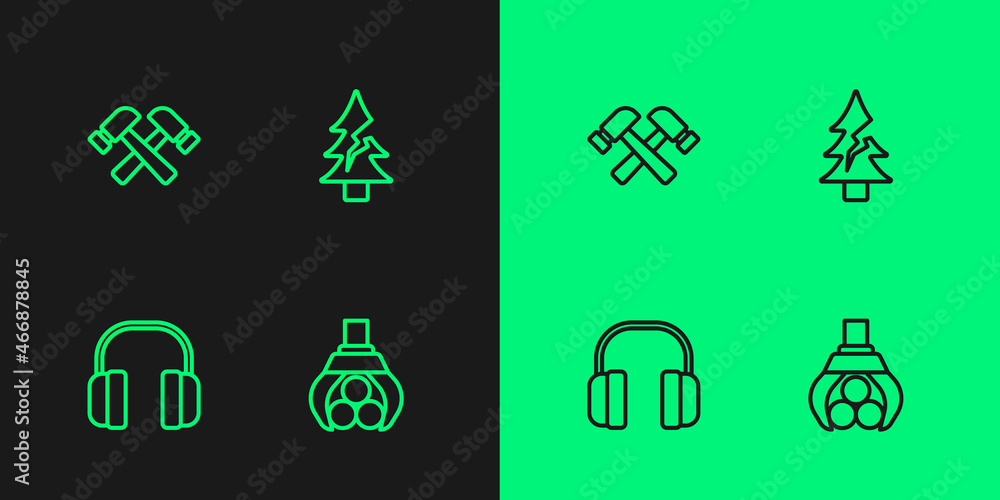 Set line Grapple crane grabbed a log, Headphones, Crossed hammer and Tree icon. Vector Set line Grapple crane grabbed a log, Headphones, Crossed hammer and Tree icon. Vector