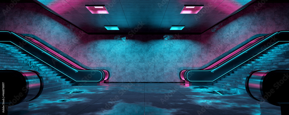 Realistic underground subway station Background with wet floors. Futuristic metro interior with blue and pink glowing neon lights and escalators. 3D Rendering - obrazy, fototapety, plakaty 