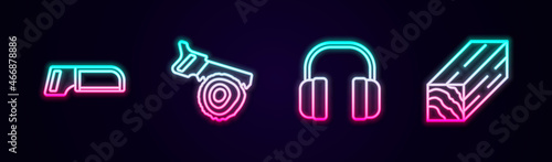 Set line Hacksaw, Hand and log, Headphones and Wooden beam. Glowing neon icon. Vector