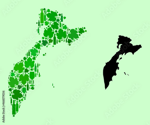 Vector Map of Kamchatka Peninsula. Mosaic of green grape leaves, wine bottles. Map of Kamchatka Peninsula mosaic composed from bottles, grapes, green leaves.