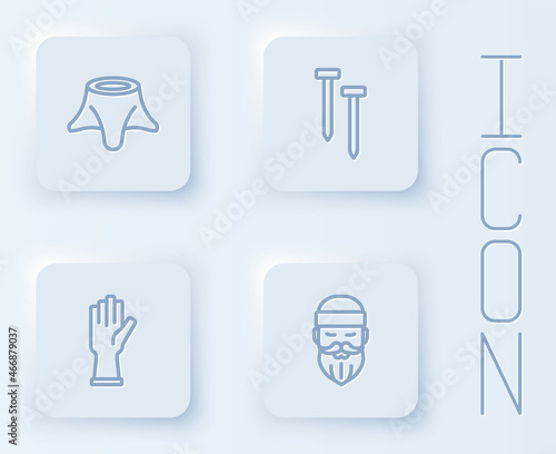 Set line Tree stump  Metallic nails  Protective gloves and Lumberjack. White square button. Vector