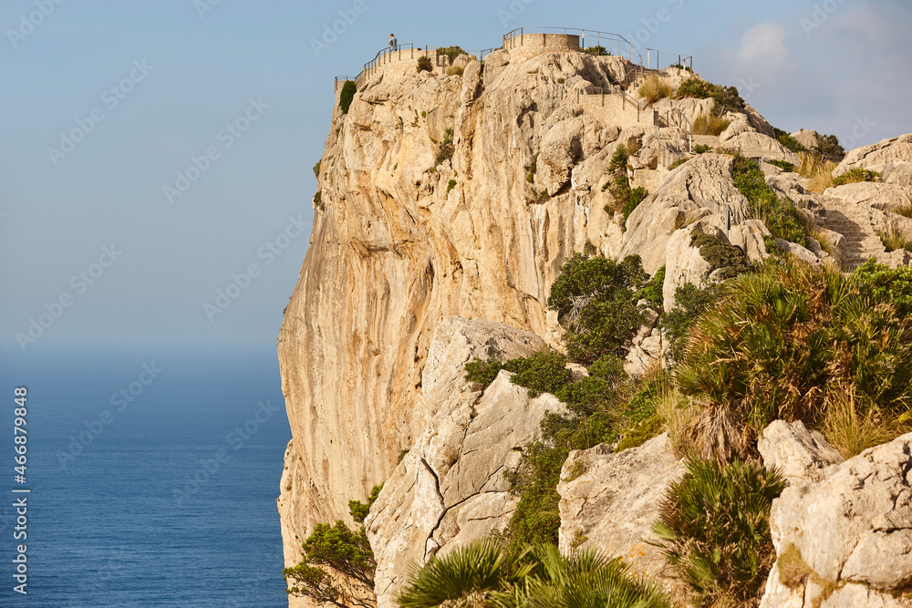 Rocky cliff viewpoint in Mallorca island. Es Colomer. Majorca. Spain.