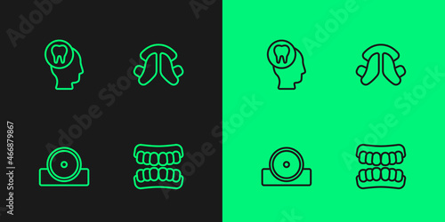 Set line Dentures model, Otolaryngological head reflector, Toothache and Dental tooth plate icon. Vector